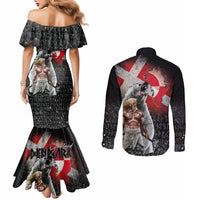 Greenlandic and Danish Together Couples Matching Mermaid Dress and Long Sleeve Button Shirt Viking Warrior with Polar Bear Roar - Wonder Print Shop