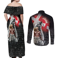 Greenlandic and Danish Together Couples Matching Off Shoulder Maxi Dress and Long Sleeve Button Shirt Viking Warrior with Polar Bear Roar - Wonder Print Shop