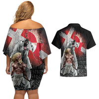 Greenlandic and Danish Together Couples Matching Off Shoulder Short Dress and Hawaiian Shirt Viking Warrior with Polar Bear Roar - Wonder Print Shop