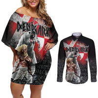 Greenlandic and Danish Together Couples Matching Off Shoulder Short Dress and Long Sleeve Button Shirt Viking Warrior with Polar Bear Roar - Wonder Print Shop