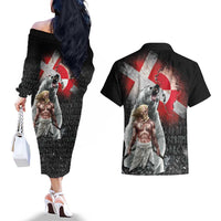 Greenlandic and Danish Together Couples Matching Off The Shoulder Long Sleeve Dress and Hawaiian Shirt Viking Warrior with Polar Bear Roar - Wonder Print Shop