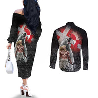 Greenlandic and Danish Together Couples Matching Off The Shoulder Long Sleeve Dress and Long Sleeve Button Shirt Viking Warrior with Polar Bear Roar - Wonder Print Shop