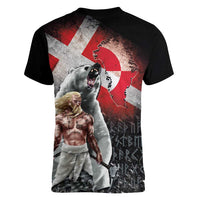 Greenlandic and Danish Together Women V-Neck T-Shirt Viking Warrior with Polar Bear Roar - Wonder Print Shop