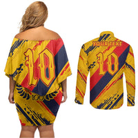 Custom Ecuador Football Couples Matching Off Shoulder Short Dress and Long Sleeve Button Shirt La Tricolor-100th Anniversary - Wonder Print Shop