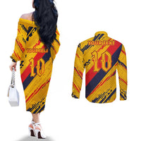 Custom Ecuador Football Couples Matching Off The Shoulder Long Sleeve Dress and Long Sleeve Button Shirt La Tricolor-100th Anniversary - Wonder Print Shop