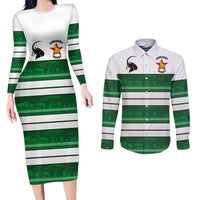 Custom Zimbabwe Rugby Couples Matching Long Sleeve Bodycon Dress and Long Sleeve Button Shirt African Heritage Stripes Style - Wonder Print Shop