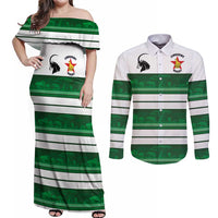 Custom Zimbabwe Rugby Couples Matching Off Shoulder Maxi Dress and Long Sleeve Button Shirt African Heritage Stripes Style - Wonder Print Shop