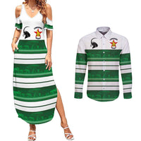 Custom Zimbabwe Rugby Couples Matching Summer Maxi Dress and Long Sleeve Button Shirt African Heritage Stripes Style - Wonder Print Shop