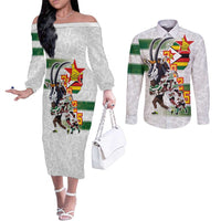 Custom Zimbabwe Rugby The Champions 2025 Couples Matching Off The Shoulder Long Sleeve Dress and Long Sleeve Button Shirt Warriors Sable Antelope - Wonder Print Shop