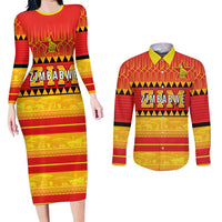 Custom Zimbabwe Cricket Couples Matching Long Sleeve Bodycon Dress and Long Sleeve Button Shirt African Heritage Stripes Style - Wonder Print Shop