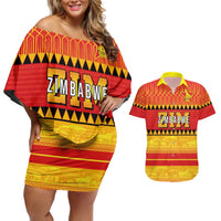 Custom Zimbabwe Cricket Couples Matching Off Shoulder Short Dress and Hawaiian Shirt African Heritage Stripes Style - Wonder Print Shop