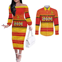 Custom Zimbabwe Cricket Couples Matching Off The Shoulder Long Sleeve Dress and Long Sleeve Button Shirt African Heritage Stripes Style - Wonder Print Shop