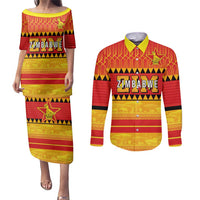 Custom Zimbabwe Cricket Couples Matching Puletasi and Long Sleeve Button Shirt African Heritage Stripes Style - Wonder Print Shop
