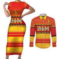 Custom Zimbabwe Cricket Couples Matching Short Sleeve Bodycon Dress and Long Sleeve Button Shirt African Heritage Stripes Style - Wonder Print Shop