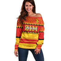 Custom Zimbabwe Cricket Off Shoulder Sweater African Heritage Stripes Style - Wonder Print Shop
