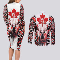 Canada Day Couples Matching Long Sleeve Bodycon Dress and Long Sleeve Button Shirt The Forest Moose and Maple Leaves-Haida Pattern