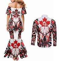 Canada Day Couples Matching Mermaid Dress and Long Sleeve Button Shirt The Forest Moose and Maple Leaves-Haida Pattern