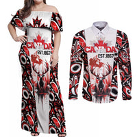 Canada Day Couples Matching Off Shoulder Maxi Dress and Long Sleeve Button Shirt The Forest Moose and Maple Leaves-Haida Pattern