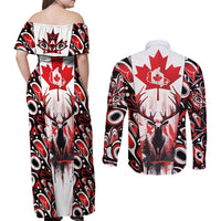 Canada Day Couples Matching Off Shoulder Maxi Dress and Long Sleeve Button Shirt The Forest Moose and Maple Leaves-Haida Pattern
