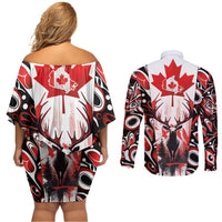 Canada Day Couples Matching Off Shoulder Short Dress and Long Sleeve Button Shirt The Forest Moose and Maple Leaves-Haida Pattern