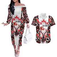 Canada Day Couples Matching Off The Shoulder Long Sleeve Dress and Hawaiian Shirt The Forest Moose and Maple Leaves-Haida Pattern
