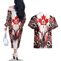 Canada Day Couples Matching Off The Shoulder Long Sleeve Dress and Hawaiian Shirt The Forest Moose and Maple Leaves-Haida Pattern