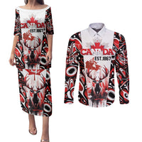 Canada Day Couples Matching Puletasi and Long Sleeve Button Shirt The Forest Moose and Maple Leaves-Haida Pattern