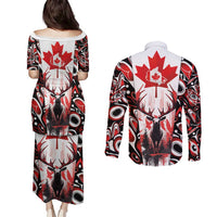 Canada Day Couples Matching Puletasi and Long Sleeve Button Shirt The Forest Moose and Maple Leaves-Haida Pattern