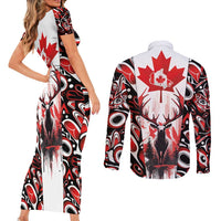 Canada Day Couples Matching Short Sleeve Bodycon Dress and Long Sleeve Button Shirt The Forest Moose and Maple Leaves-Haida Pattern