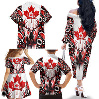 Canada Day Family Matching Off The Shoulder Long Sleeve Dress and Hawaiian Shirt The Forest Moose and Maple Leaves-Haida Pattern