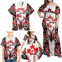 Canada Day Family Matching Off Shoulder Maxi Dress and Hawaiian Shirt The Forest Moose and Maple Leaves-Haida Pattern