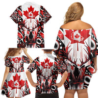 Canada Day Family Matching Off Shoulder Short Dress and Hawaiian Shirt The Forest Moose and Maple Leaves-Haida Pattern