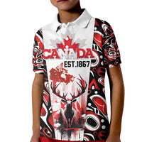 Canada Day Kid Polo Shirt The Forest Moose and Maple Leaves-Haida Pattern