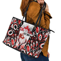 Canada Day Leather Tote Bag The Forest Moose and Maple Leaves-Haida Pattern