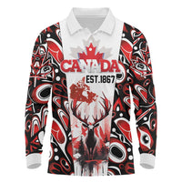 Canada Day Long Sleeve Polo Shirt The Forest Moose and Maple Leaves-Haida Pattern