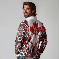 Canada Day Long Sleeve Polo Shirt The Forest Moose and Maple Leaves-Haida Pattern