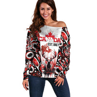 Canada Day Off Shoulder Sweater The Forest Moose and Maple Leaves-Haida Pattern
