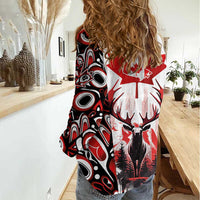 Canada Day Women Casual Shirt The Forest Moose and Maple Leaves-Haida Pattern