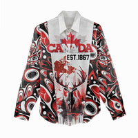 Canada Day Women Casual Shirt The Forest Moose and Maple Leaves-Haida Pattern