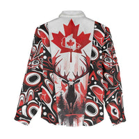 Canada Day Women Casual Shirt The Forest Moose and Maple Leaves-Haida Pattern
