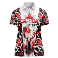 Canada Day Women Polo Shirt The Forest Moose and Maple Leaves-Haida Pattern