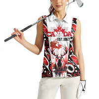 Canada Day Women Sleeveless Polo Shirt The Forest Moose and Maple Leaves-Haida Pattern