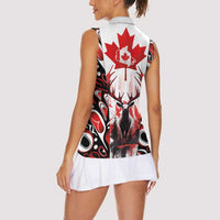 Canada Day Women Sleeveless Polo Shirt The Forest Moose and Maple Leaves-Haida Pattern
