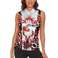 Canada Day Women Sleeveless Polo Shirt The Forest Moose and Maple Leaves-Haida Pattern