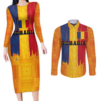 Personalized Romania Flag Day Couples Matching Long Sleeve Bodycon Dress and Long Sleeve Button Shirt Traditional Pattern Royal Style