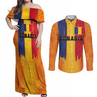 Personalized Romania Flag Day Couples Matching Off Shoulder Maxi Dress and Long Sleeve Button Shirt Traditional Pattern Royal Style