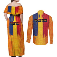 Personalized Romania Flag Day Couples Matching Off Shoulder Maxi Dress and Long Sleeve Button Shirt Traditional Pattern Royal Style