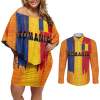 Personalized Romania Flag Day Couples Matching Off Shoulder Short Dress and Long Sleeve Button Shirt Traditional Pattern Royal Style