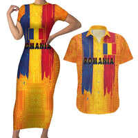 Personalized Romania Flag Day Couples Matching Short Sleeve Bodycon Dress and Hawaiian Shirt Traditional Pattern Royal Style