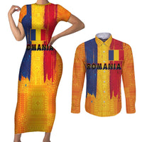 Personalized Romania Flag Day Couples Matching Short Sleeve Bodycon Dress and Long Sleeve Button Shirt Traditional Pattern Royal Style